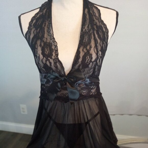 Black Plus Size Womens Halter Style V Neck Baby Doll Set - Picture 1 of 4